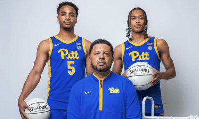 Pitt basketball head coach Jeff Capel, along with Jaland Lowe and Ishmael Leggett.